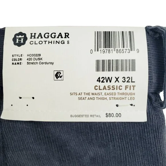 Haggar Corduroy Pants 42X32 Dusk Gray Classic Fit Stretch Expandable Waist NWT - Picture 2 of 12